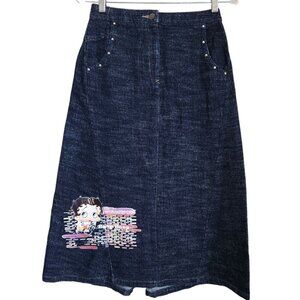 Vintage Y2K Betty Boop Denim Midi‎ Skirt Sz Retro Sz M Studded Pleated Dark Wash